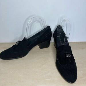 Stuart Weitzman Black Suede Tassle Heeled Loafers Size 9.5